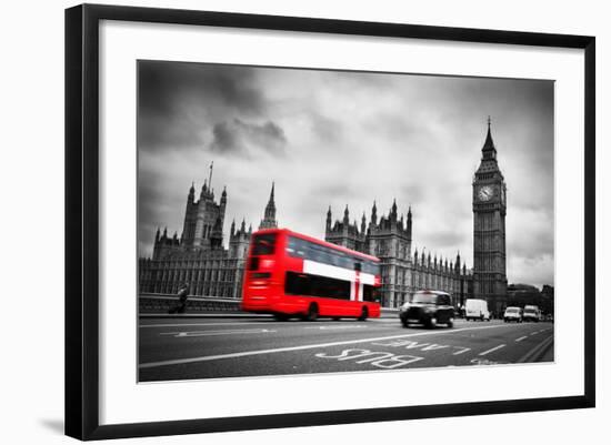 London, the Uk. Red Bus in Motion and Big Ben, the Palace of Westminster. the Icons of England-Michal Bednarek-Framed Photographic Print