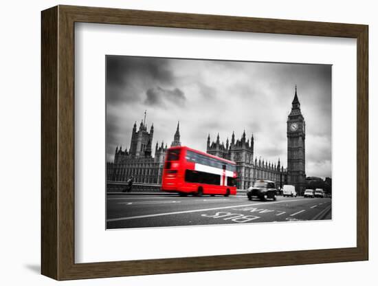 London, the Uk. Red Bus in Motion and Big Ben, the Palace of Westminster. the Icons of England-Michal Bednarek-Framed Photographic Print