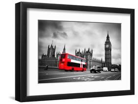 London, the Uk. Red Bus in Motion and Big Ben, the Palace of Westminster. the Icons of England-Michal Bednarek-Framed Photographic Print