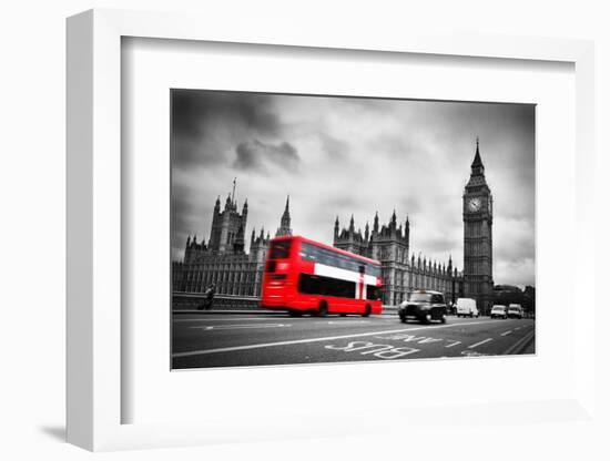 London, the Uk. Red Bus in Motion and Big Ben, the Palace of Westminster. the Icons of England-Michal Bednarek-Framed Photographic Print