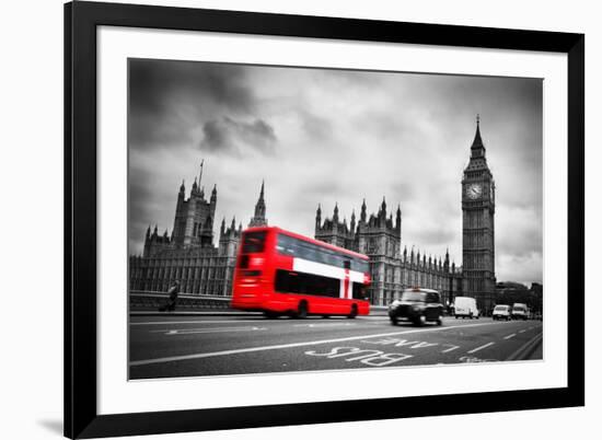 London, the Uk. Red Bus in Motion and Big Ben, the Palace of Westminster. the Icons of England-Michal Bednarek-Framed Photographic Print