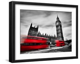 London, the Uk. Red Buses in Motion and Big Ben, the Palace of Westminster. the Icons of England In-Michal Bednarek-Framed Photographic Print