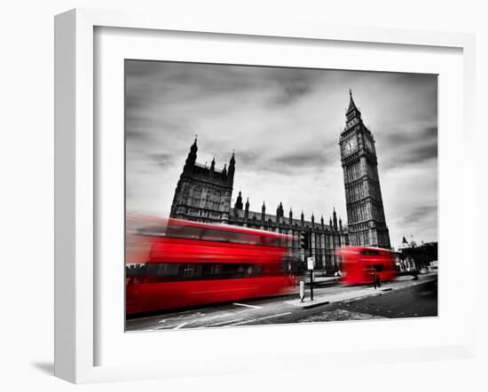 London, the Uk. Red Buses in Motion and Big Ben, the Palace of Westminster. the Icons of England In-Michal Bednarek-Framed Photographic Print