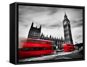 London, the Uk. Red Buses in Motion and Big Ben, the Palace of Westminster. the Icons of England In-Michal Bednarek-Framed Stretched Canvas