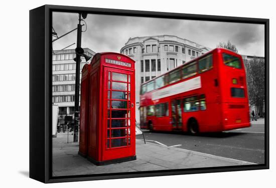 London, the Uk. Red Phone Booth and Red Bus in Motion. English Icons-Michal Bednarek-Framed Stretched Canvas