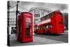 London, the Uk. Red Phone Booth and Red Bus in Motion. English Icons-Michal Bednarek-Stretched Canvas