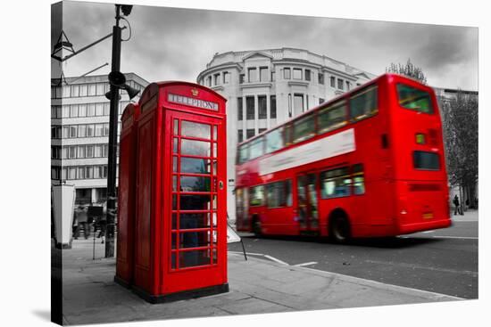 London, the Uk. Red Phone Booth and Red Bus in Motion. English Icons-Michal Bednarek-Stretched Canvas