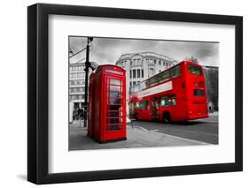 London, the Uk. Red Phone Booth and Red Bus in Motion. English Icons-Michal Bednarek-Framed Photographic Print