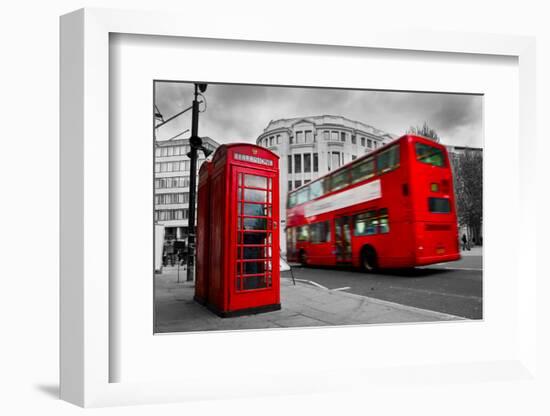 London, the Uk. Red Phone Booth and Red Bus in Motion. English Icons-Michal Bednarek-Framed Photographic Print