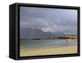 Lone Person on a Sandy Beach Under a Stormy Sky, Near Tully Cross, Connemara, Connacht-Gary Cook-Framed Stretched Canvas
