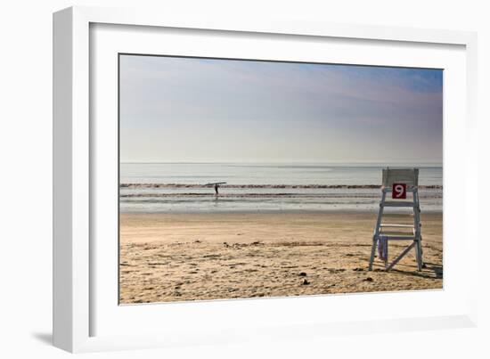 Lone Surfer on Newport Beach Rhode Island-null-Framed Photo