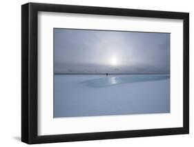 Lonely Person in Icelandic Lowlands with Blue Puddle of Water and Sun in the Background, Winter-Niki Haselwanter-Framed Photographic Print