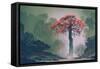 Lonely Red Autumn Tree with falling Leaves in Winter Forest,Landscape Painting-Tithi Luadthong-Framed Stretched Canvas