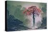Lonely Red Autumn Tree with falling Leaves in Winter Forest,Landscape Painting-Tithi Luadthong-Stretched Canvas