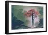 Lonely Red Autumn Tree with falling Leaves in Winter Forest,Landscape Painting-Tithi Luadthong-Framed Art Print