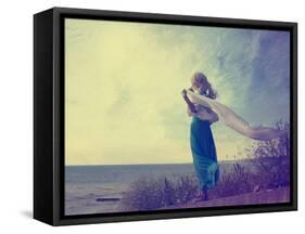 Lonely Woman in Turquoise Dress with Waving Scarf-brickrena-Framed Stretched Canvas