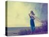 Lonely Woman in Turquoise Dress with Waving Scarf-brickrena-Stretched Canvas