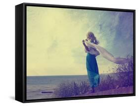 Lonely Woman in Turquoise Dress with Waving Scarf-brickrena-Framed Stretched Canvas
