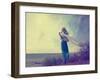 Lonely Woman in Turquoise Dress with Waving Scarf-brickrena-Framed Photographic Print