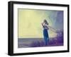 Lonely Woman in Turquoise Dress with Waving Scarf-brickrena-Framed Photographic Print