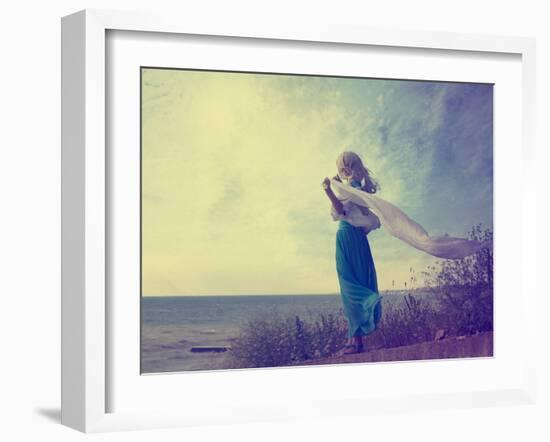 Lonely Woman in Turquoise Dress with Waving Scarf-brickrena-Framed Photographic Print