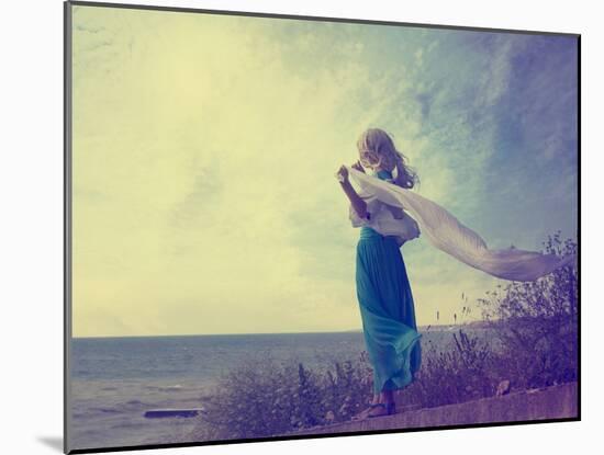 Lonely Woman in Turquoise Dress with Waving Scarf-brickrena-Mounted Photographic Print