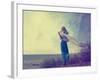 Lonely Woman in Turquoise Dress with Waving Scarf-brickrena-Framed Photographic Print