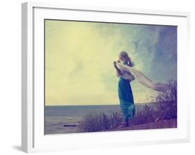 Lonely Woman in Turquoise Dress with Waving Scarf-brickrena-Framed Photographic Print