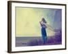 Lonely Woman in Turquoise Dress with Waving Scarf-brickrena-Framed Photographic Print
