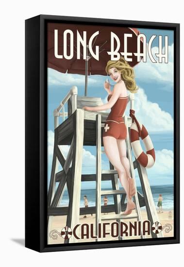 Long Beach, California - Lifeguard Pinup-Lantern Press-Framed Stretched Canvas