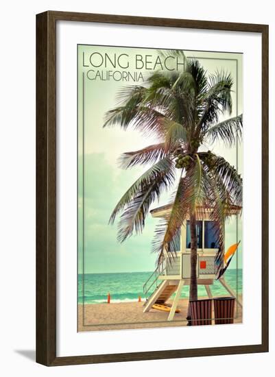 Long Beach, California - Lifeguard Shack and Palm-Lantern Press-Framed Art Print