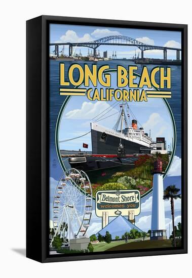 Long Beach, California - Montage-Lantern Press-Framed Stretched Canvas