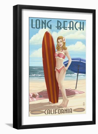 Long Beach, California - Pinup Surfer Girl-Lantern Press-Framed Art Print