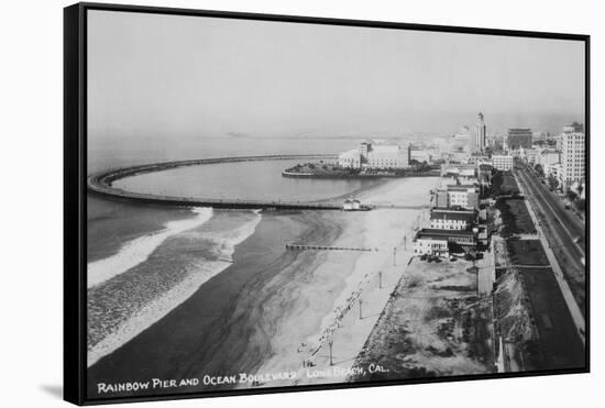 Long Beach, California Rainbow Pier and Ocean Blvd. Photograph - Long Beach, CA-Lantern Press-Framed Stretched Canvas