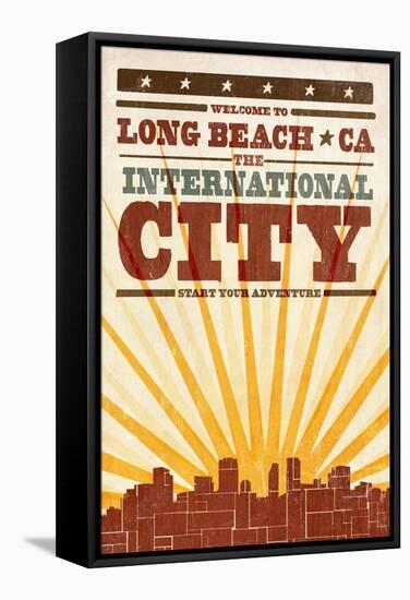 Long Beach, California - Skyline and Sunburst Screenprint Style-Lantern Press-Framed Stretched Canvas