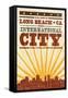 Long Beach, California - Skyline and Sunburst Screenprint Style-Lantern Press-Framed Stretched Canvas
