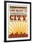 Long Beach, California - Skyline and Sunburst Screenprint Style-Lantern Press-Framed Art Print