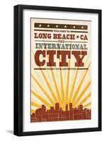 Long Beach, California - Skyline and Sunburst Screenprint Style-Lantern Press-Framed Art Print