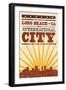 Long Beach, California - Skyline and Sunburst Screenprint Style-Lantern Press-Framed Art Print