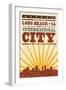 Long Beach, California - Skyline and Sunburst Screenprint Style-Lantern Press-Framed Art Print