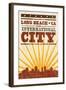 Long Beach, California - Skyline and Sunburst Screenprint Style-Lantern Press-Framed Art Print