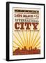 Long Beach, California - Skyline and Sunburst Screenprint Style-Lantern Press-Framed Art Print