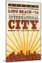 Long Beach, California - Skyline and Sunburst Screenprint Style-Lantern Press-Mounted Art Print