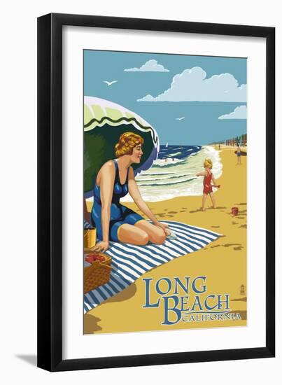 Long Beach, California - Woman on the Beach-Lantern Press-Framed Art Print