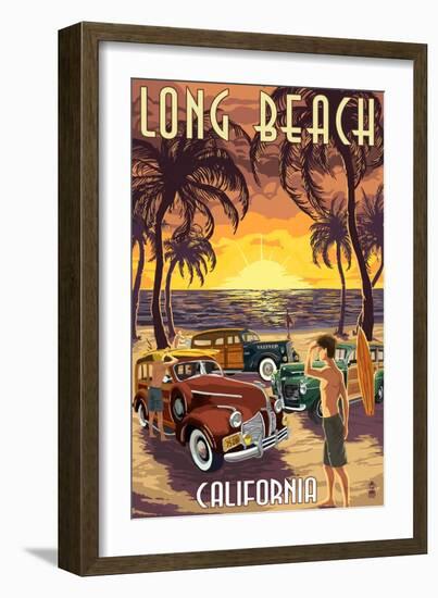 Long Beach, California - Woodies and Sunset-Lantern Press-Framed Art Print