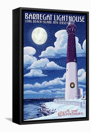 Long Beach Island, New Jersey - Barnegat Lighthouse Christmas Scene-Lantern Press-Framed Stretched Canvas