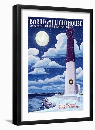 Long Beach Island, New Jersey - Barnegat Lighthouse Christmas Scene-Lantern Press-Framed Art Print