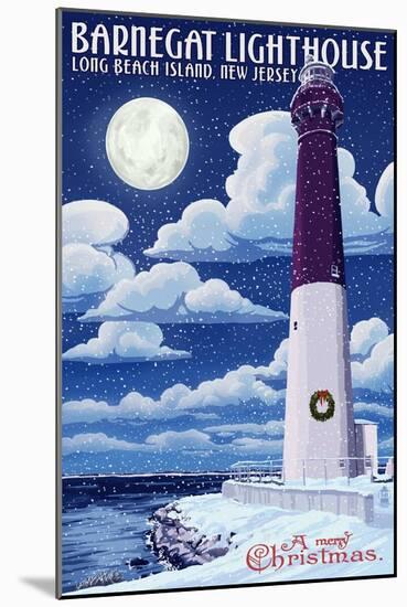 Long Beach Island, New Jersey - Barnegat Lighthouse Christmas Scene-Lantern Press-Mounted Art Print