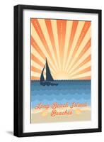 Long Beach Island, New Jersey - Beach Scene with Rays and Sailboat-Lantern Press-Framed Art Print