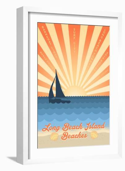 Long Beach Island, New Jersey - Beach Scene with Rays and Sailboat-Lantern Press-Framed Art Print